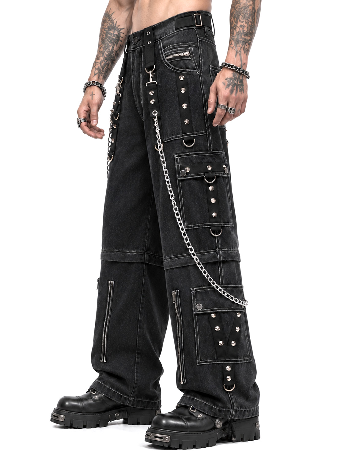 From The Abyss Pants Black - Black baggy gothic denim pants with metal chains, rivets, straps and detachable pant legs.