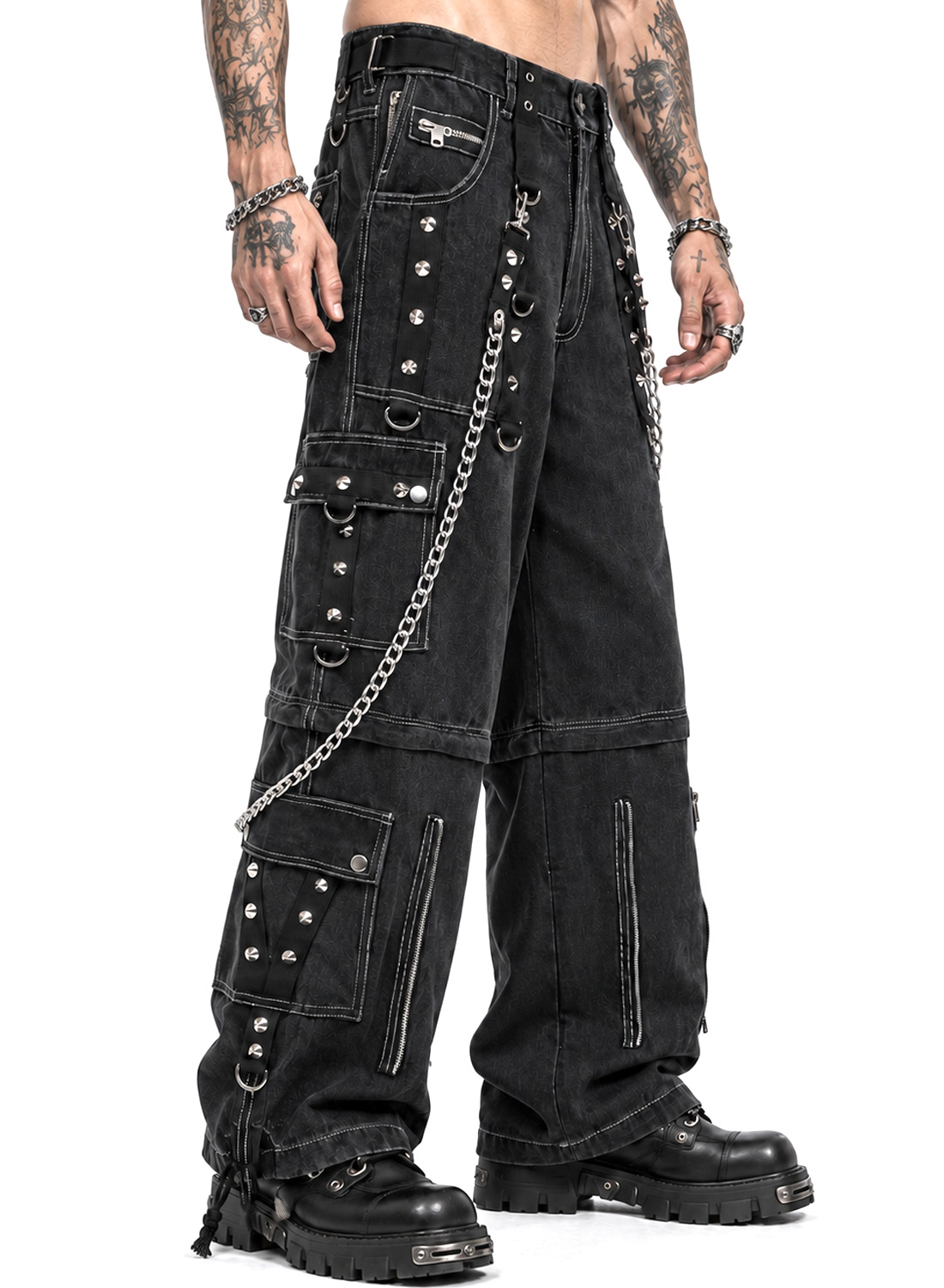 From The Abyss Pants Black - Black baggy gothic denim pants with metal chains, rivets, straps and detachable pant legs.