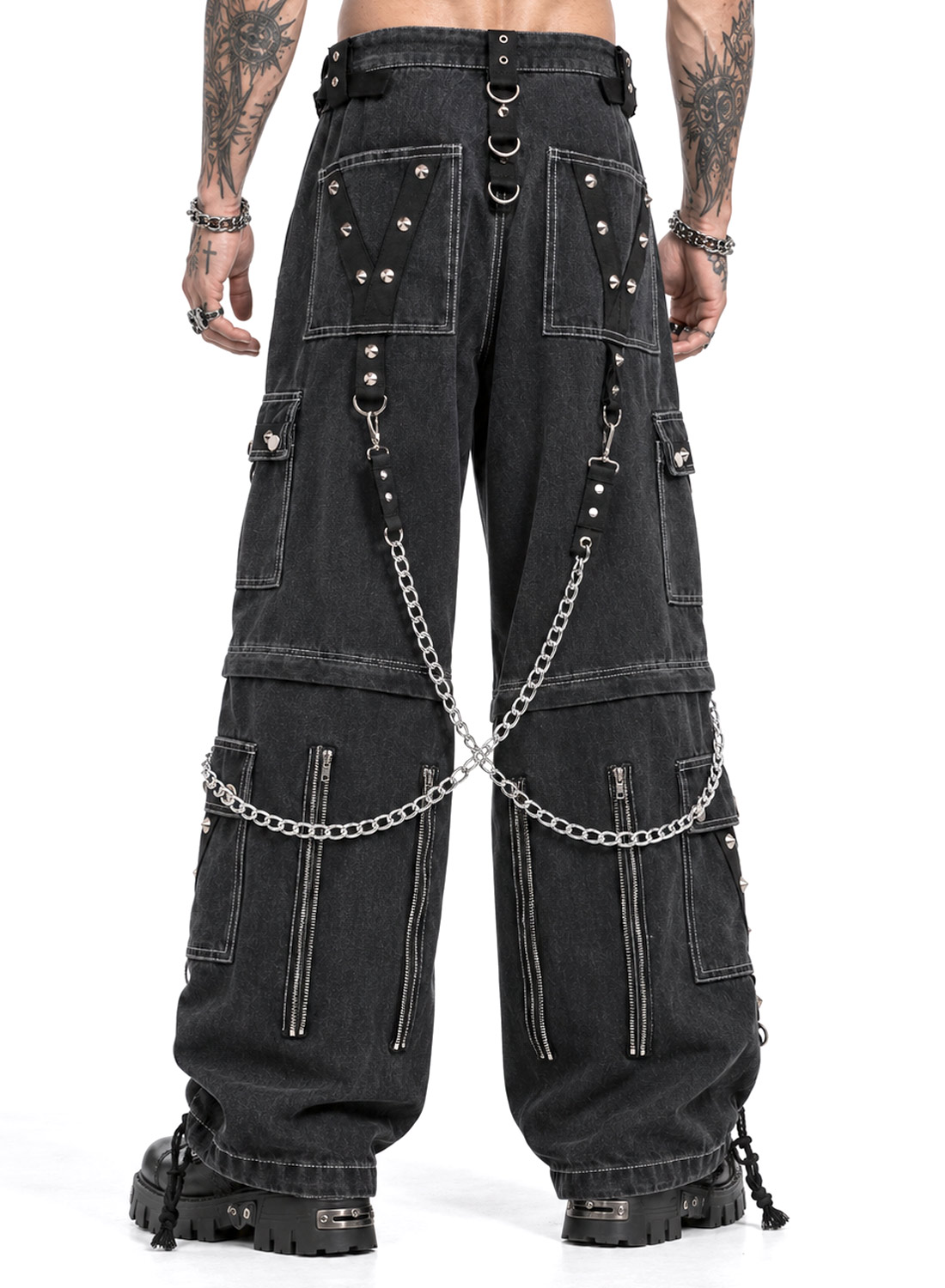 From The Abyss Pants Black - Black baggy gothic denim pants with metal chains, rivets, straps and detachable pant legs.