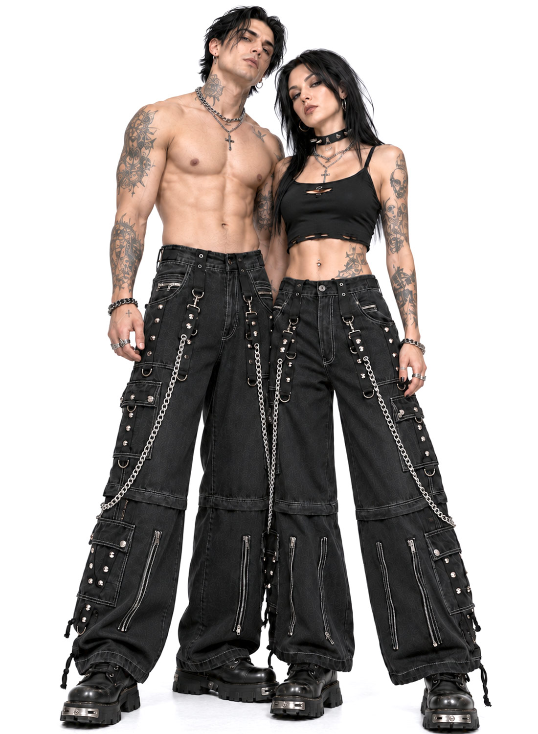 From The Abyss Pants Black - Black baggy gothic denim pants with metal chains, rivets, straps and detachable pant legs.