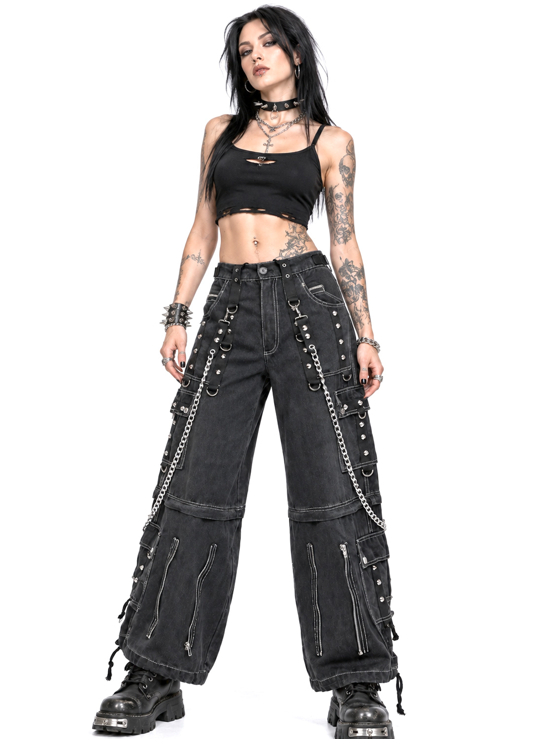 From The Abyss Pants Black - Black baggy gothic denim pants with metal chains, rivets, straps and detachable pant legs.