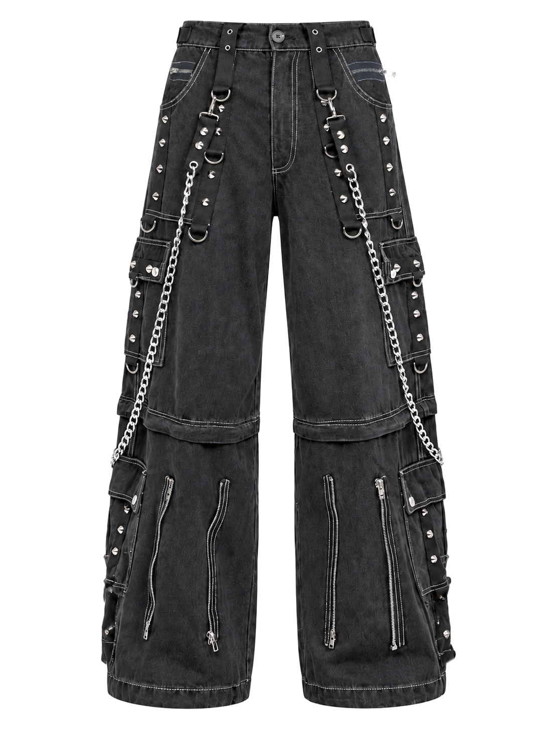 From The Abyss Pants Black - Black baggy gothic denim pants with metal chains, rivets, straps and detachable pant legs.