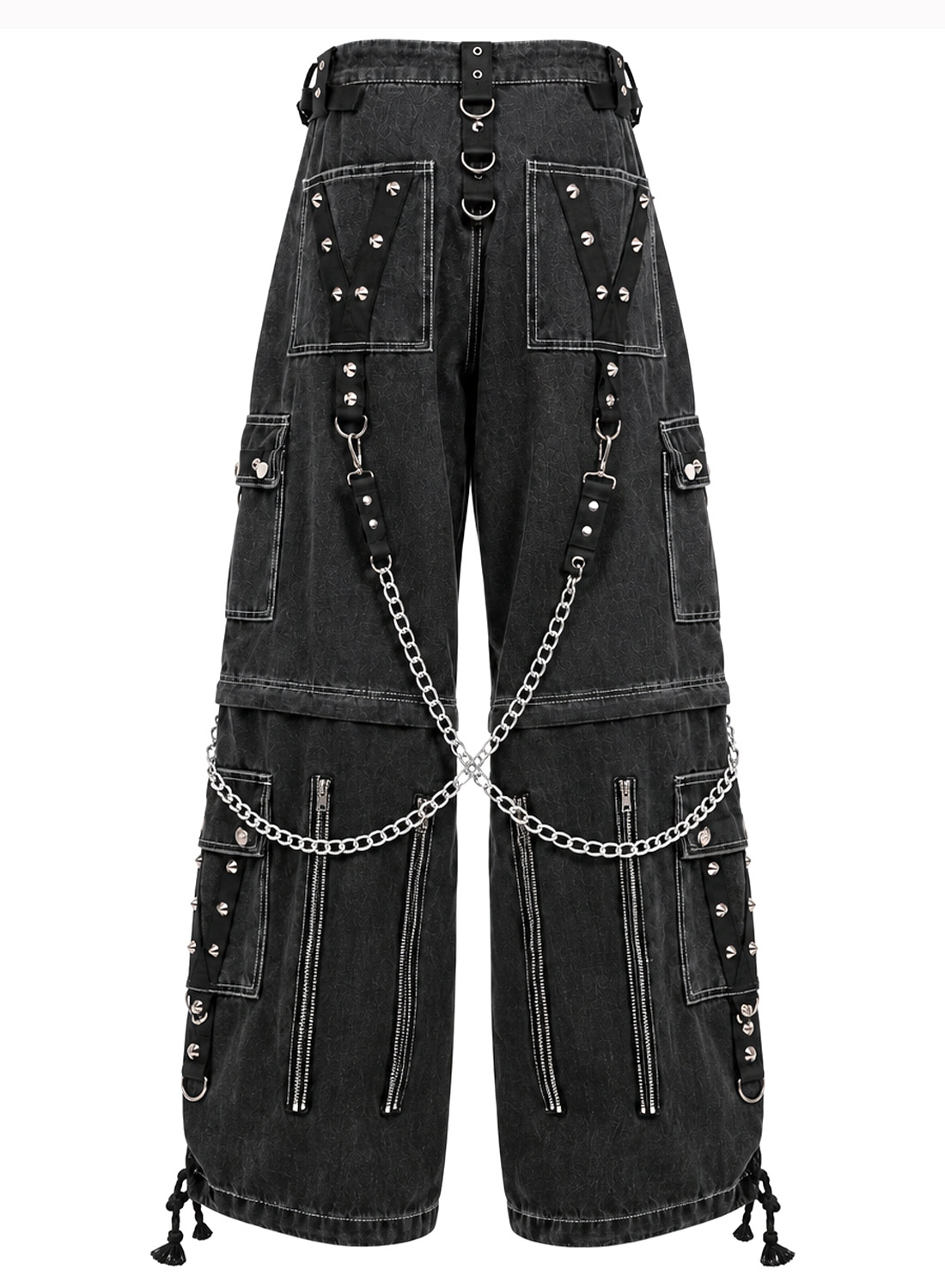 From The Abyss Pants Black - Black baggy gothic denim pants with metal chains, rivets, straps and detachable pant legs.