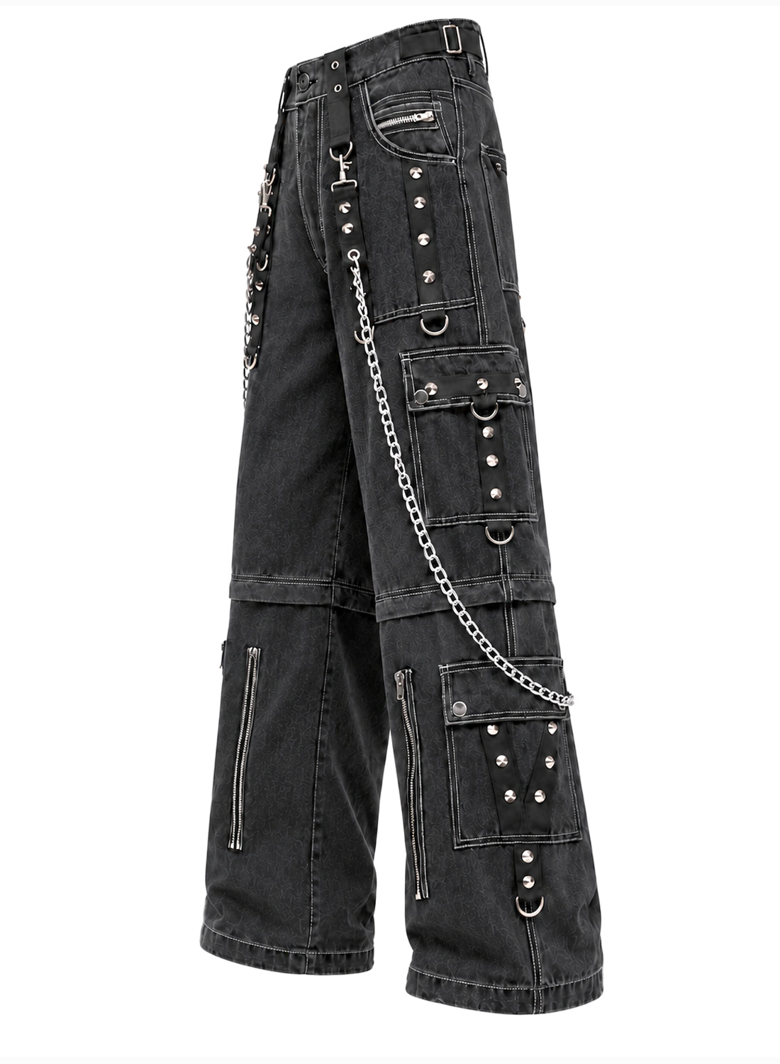 From The Abyss Pants Black - Black baggy gothic denim pants with metal chains, rivets, straps and detachable pant legs.