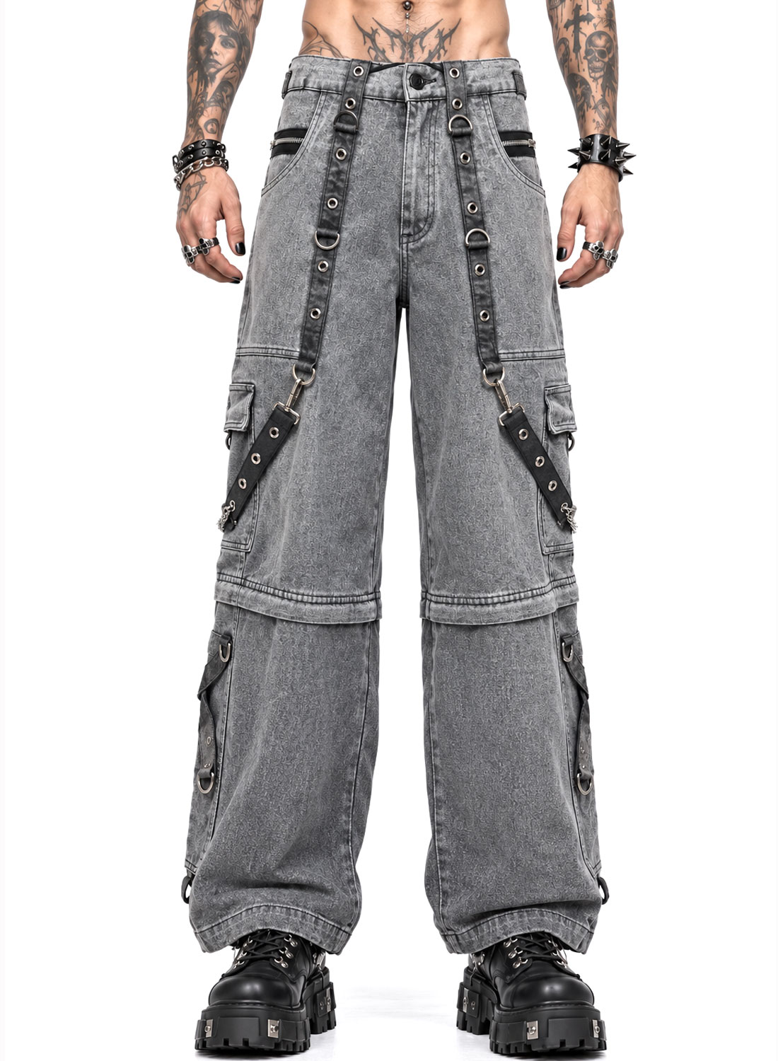 Grave Digger Pants gray baggy denim pants with chains, straps and removable pant legs that turn into shorts.