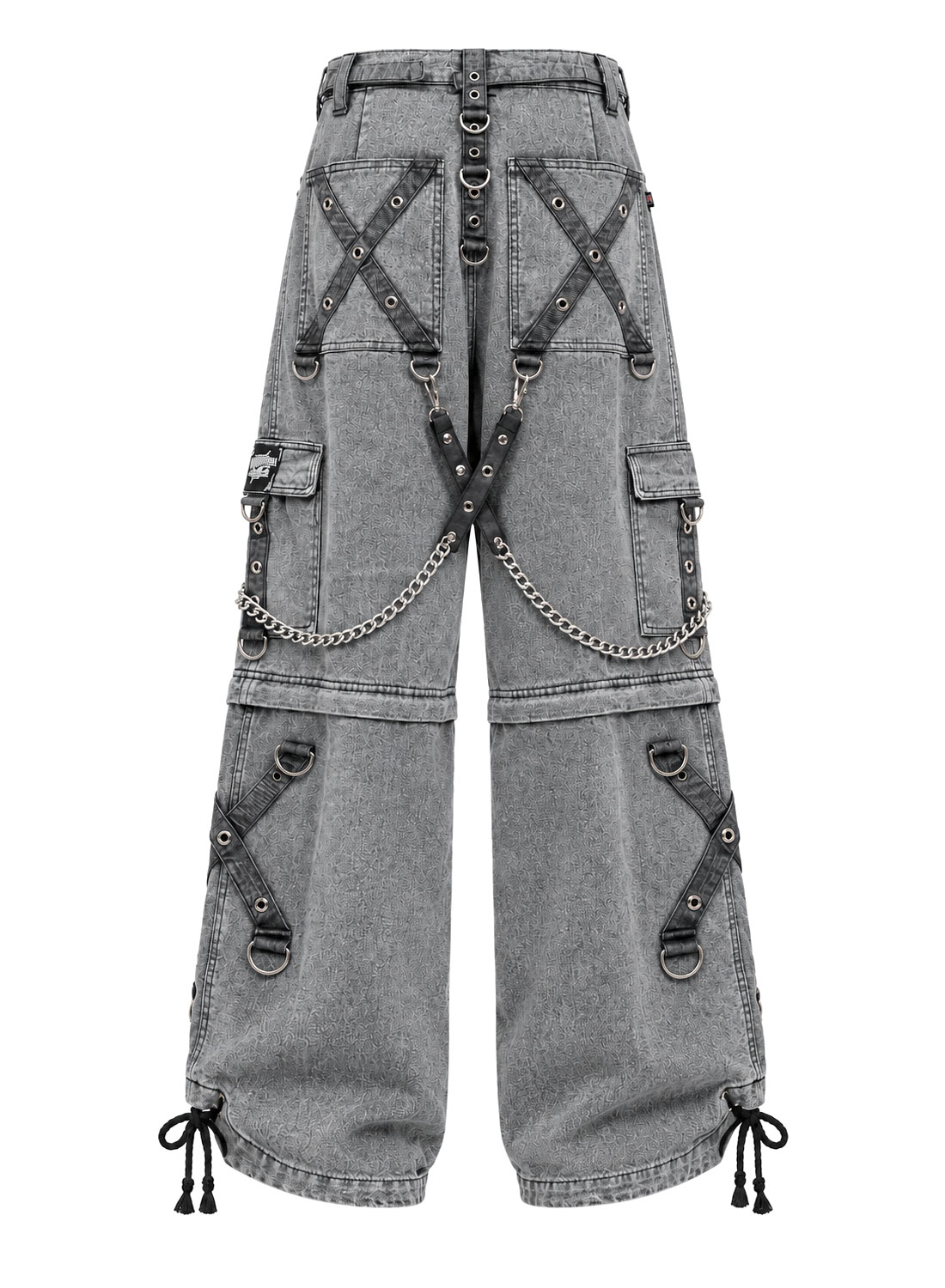 Grave Digger Pants gray baggy denim pants with chains, straps and removable pant legs that turn into shorts.