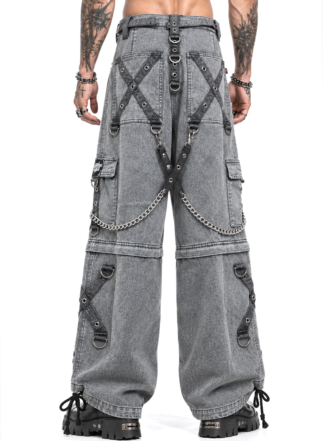Grave Digger Pants gray baggy denim pants with chains, straps and removable pant legs that turn into shorts.