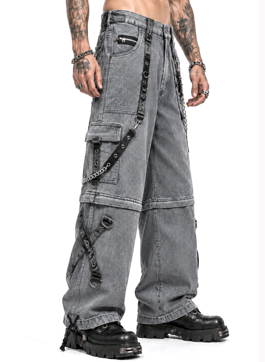 Grave Digger Pants gray baggy denim pants with chains, straps and removable pant legs that turn into shorts.