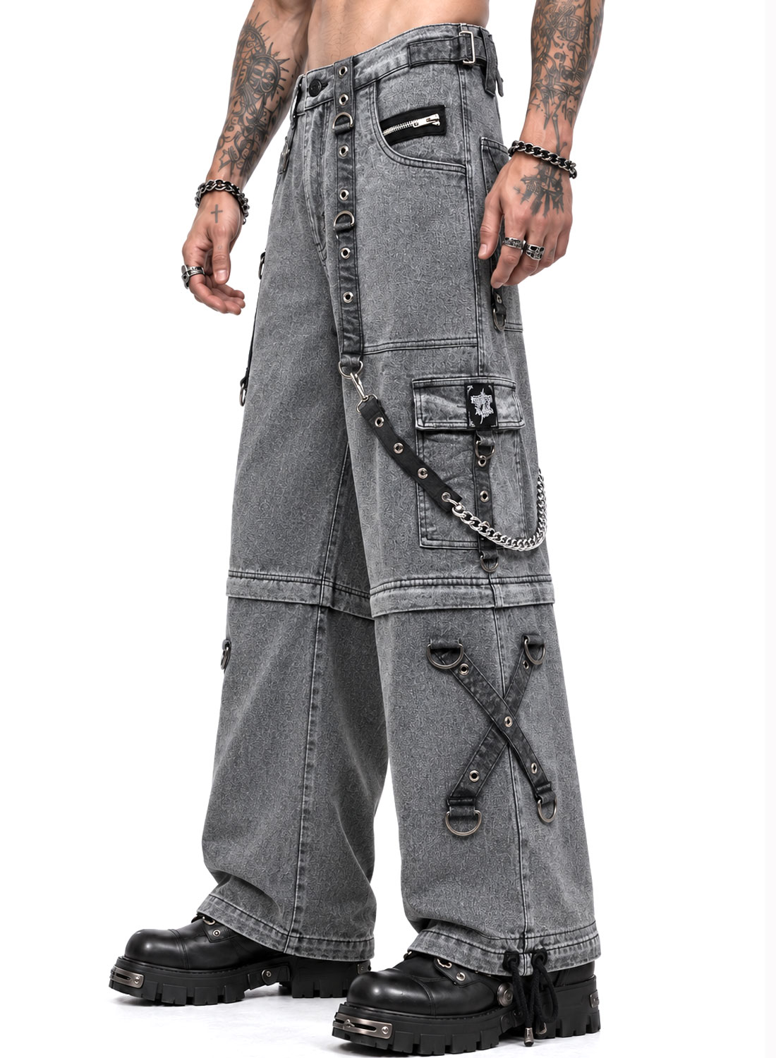 Grave Digger Pants gray baggy denim pants with chains, straps and removable pant legs that turn into shorts.
