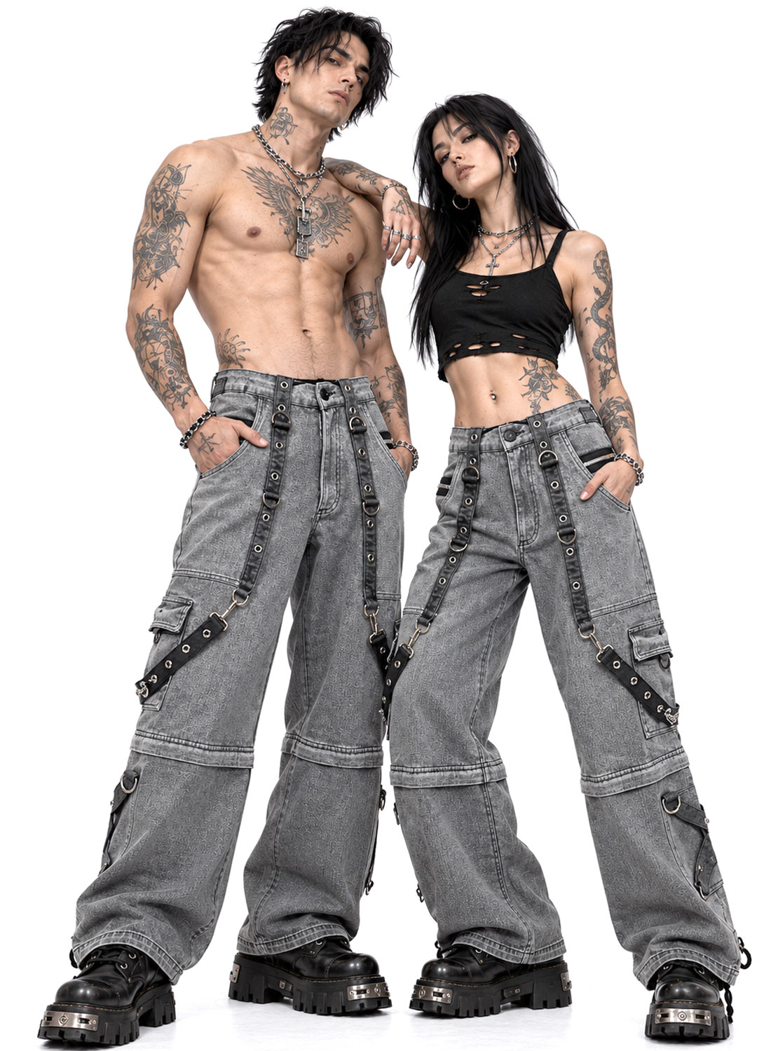 Grave Digger Pants gray baggy denim pants with chains, straps and removable pant legs that turn into shorts.