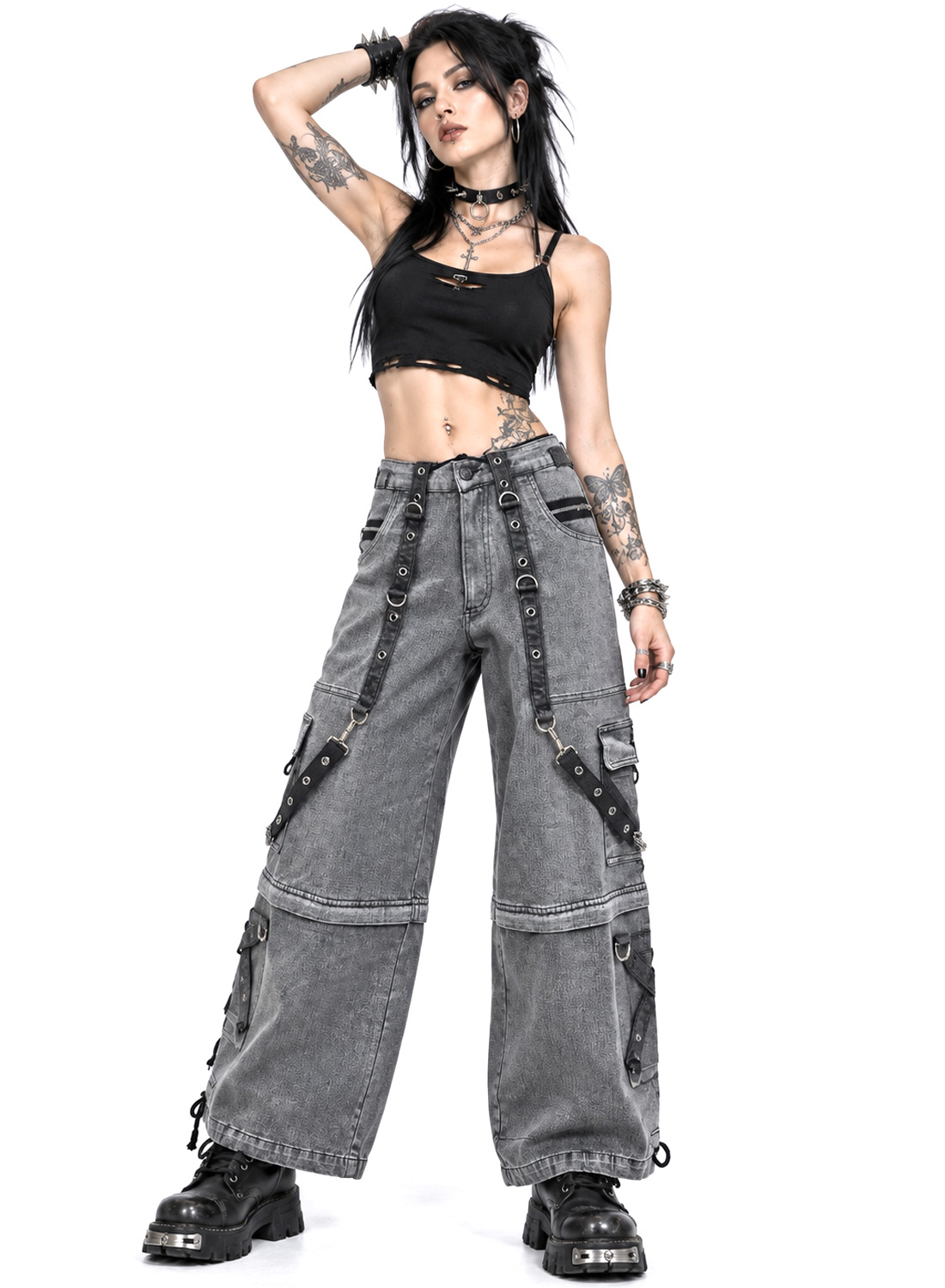 Grave Digger Pants gray baggy denim pants with chains, straps and removable pant legs that turn into shorts.