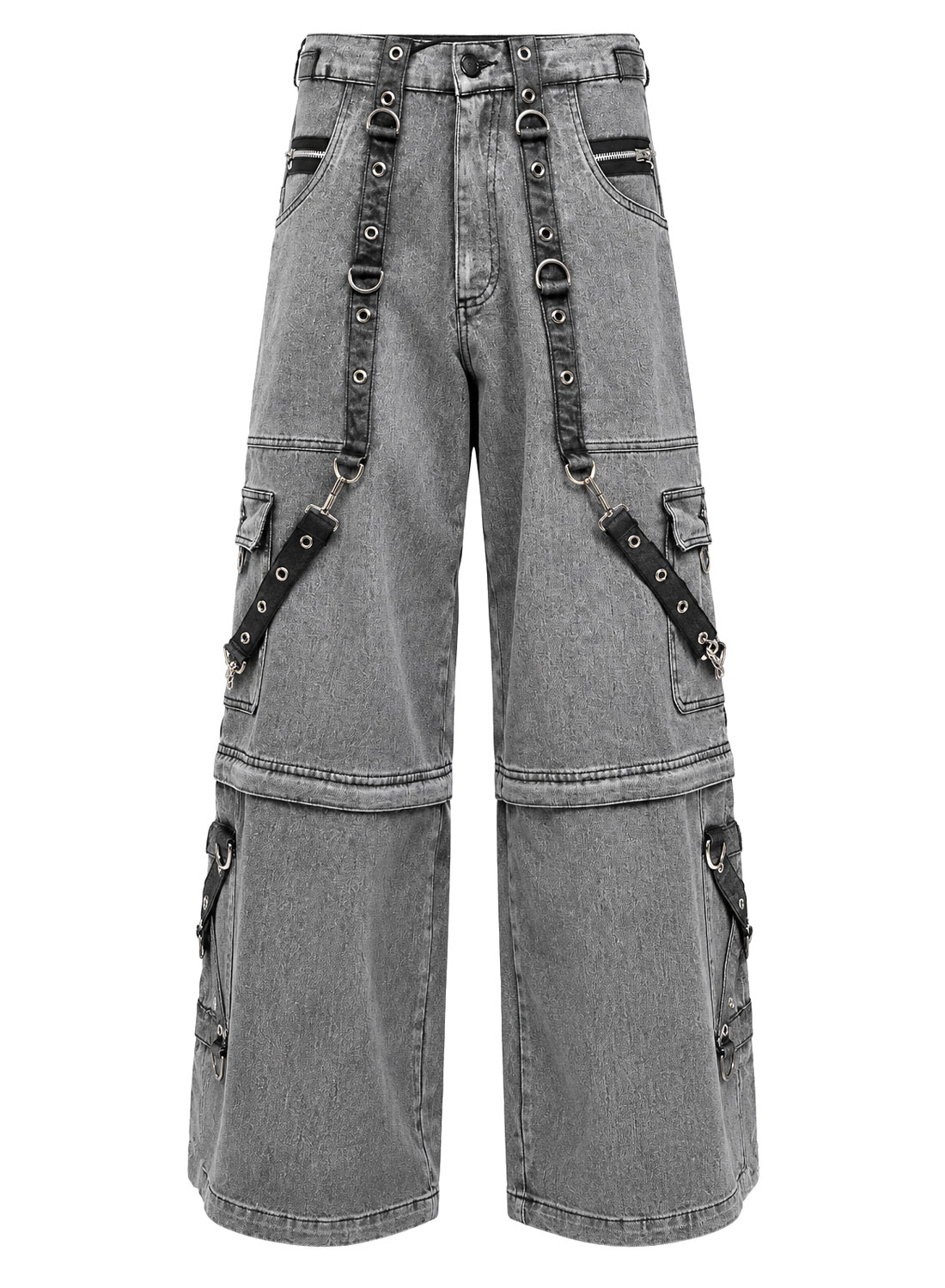 Grave Digger Pants gray baggy denim pants with chains, straps and removable pant legs that turn into shorts.
