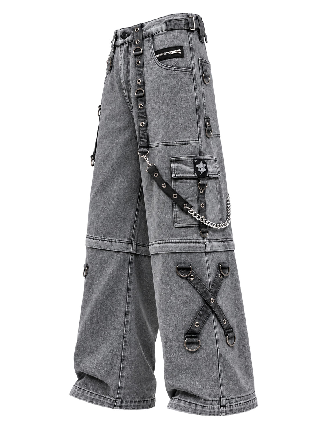 Grave Digger Pants gray baggy denim pants with chains, straps and removable pant legs that turn into shorts.