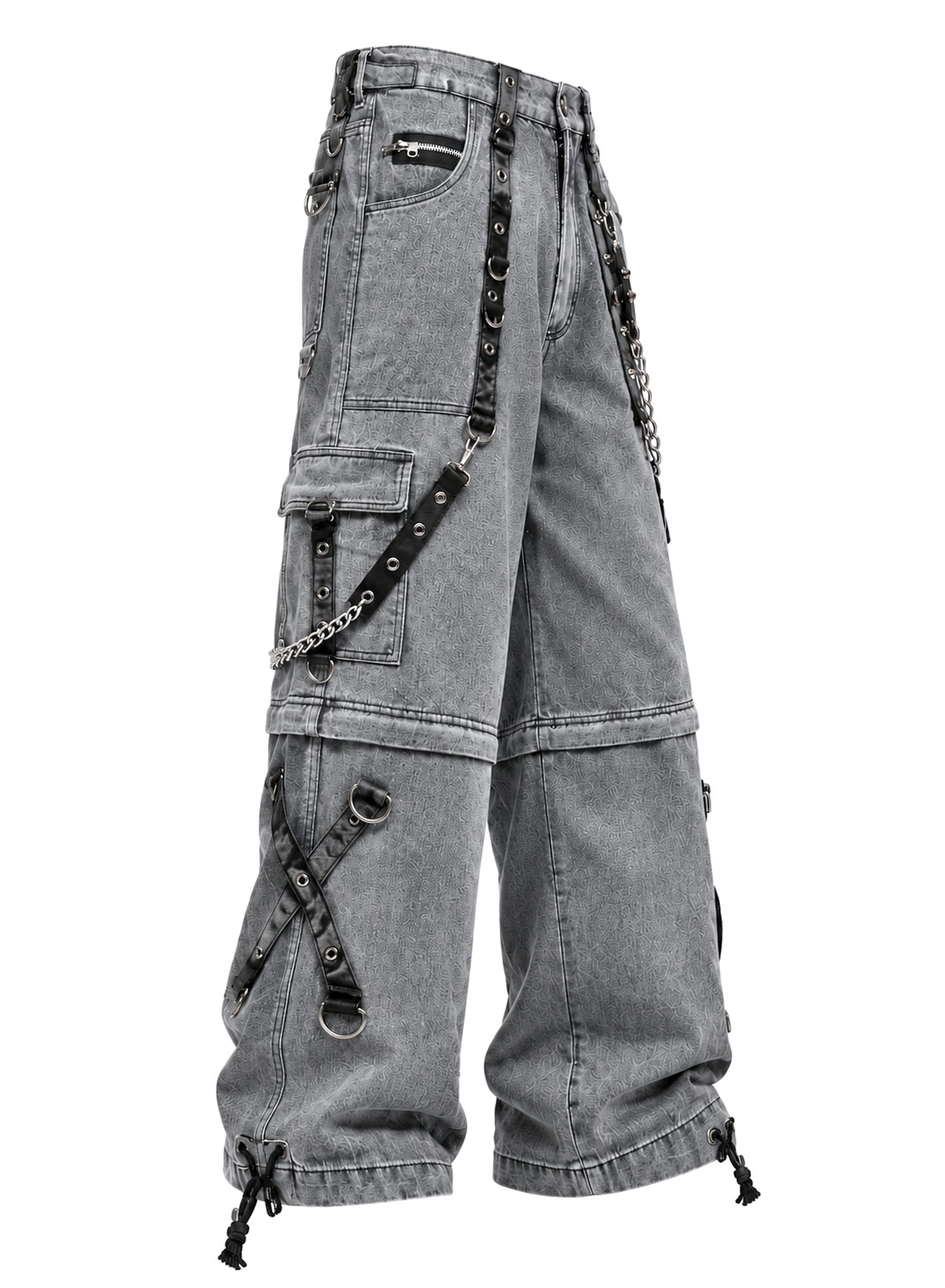 Grave Digger Pants gray baggy denim pants with chains, straps and removable pant legs that turn into shorts.