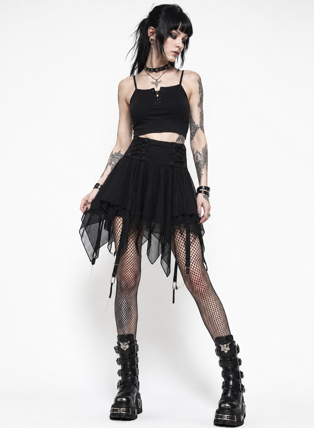 Dark Nymph Short. Black gothic asymmetric skirt with several layers of fabric, decorative ribbons and built-in hot pants.