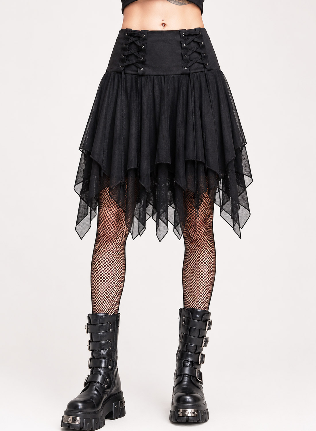 Dark Nymph Short. Black gothic asymmetric skirt with several layers of fabric, decorative ribbons and built-in hot pants.