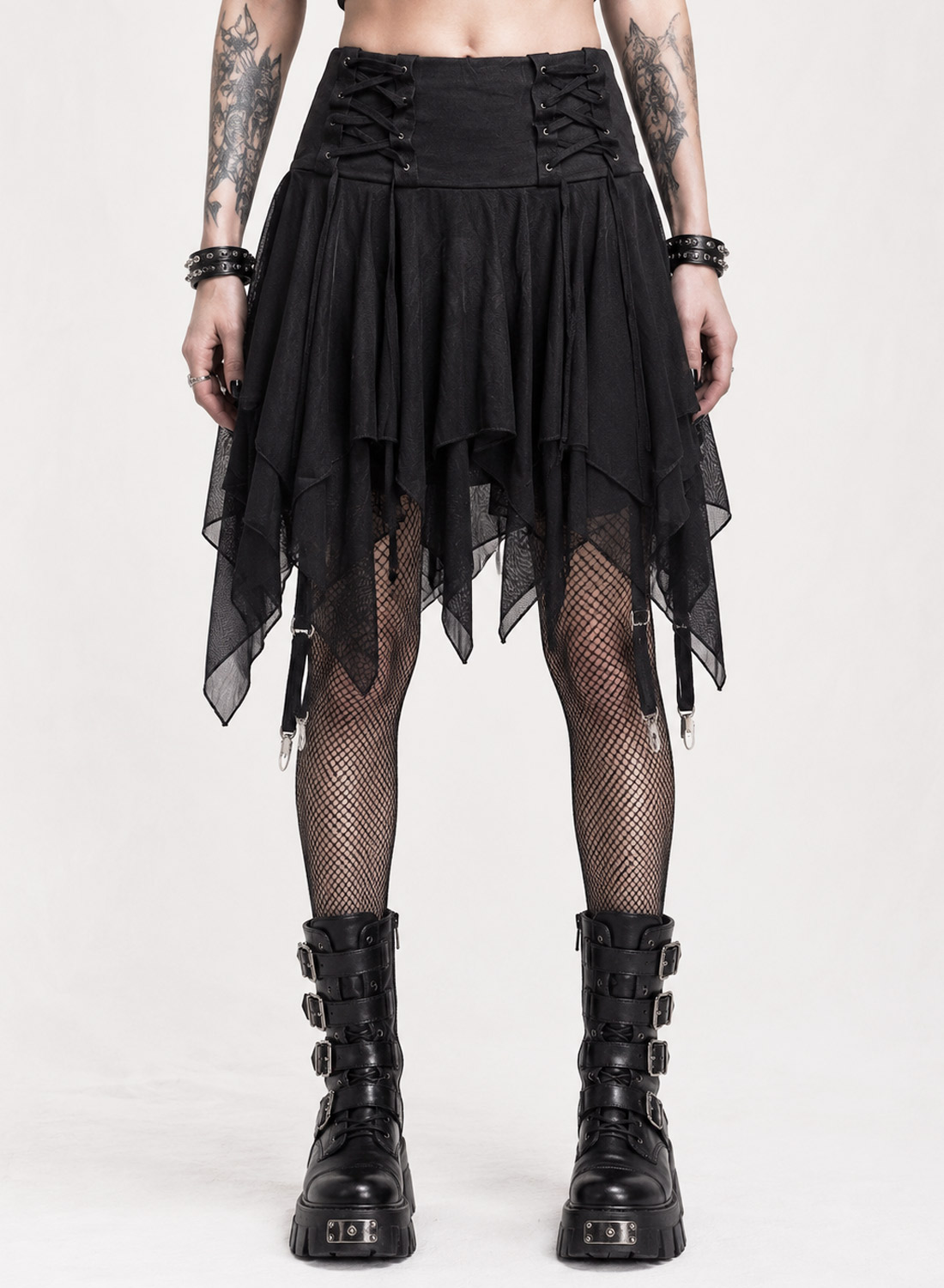 Dark Nymph Short. Black gothic asymmetric skirt with several layers of fabric, decorative ribbons and built-in hot pants.