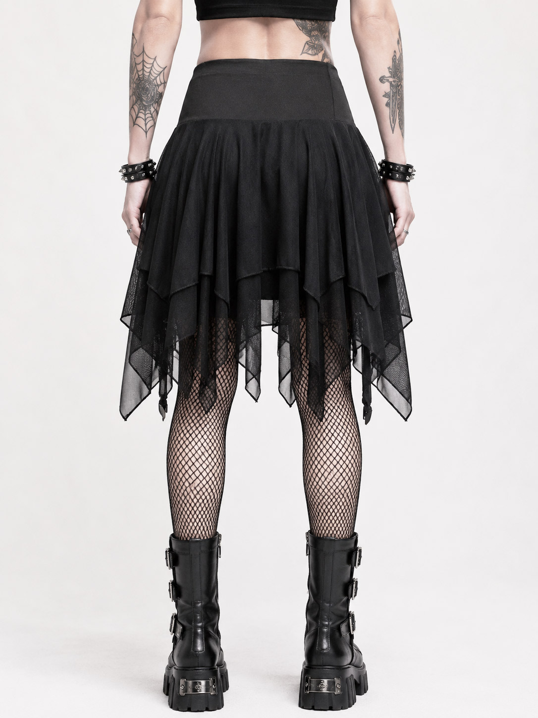 Dark Nymph Short. Black gothic asymmetric skirt with several layers of fabric, decorative ribbons and built-in hot pants.
