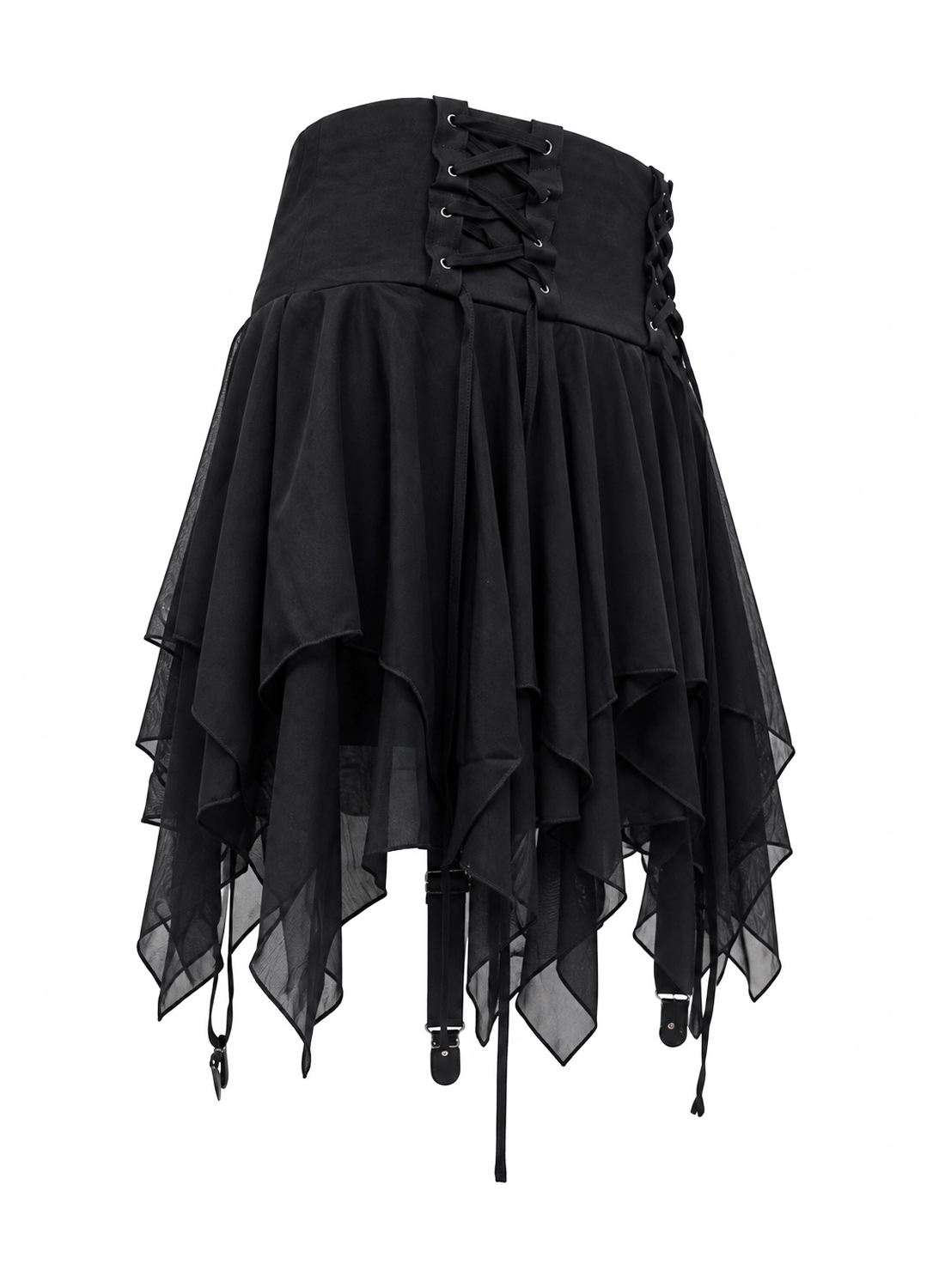 Dark Nymph Short. Black gothic asymmetric skirt with several layers of fabric, decorative ribbons and built-in hot pants.