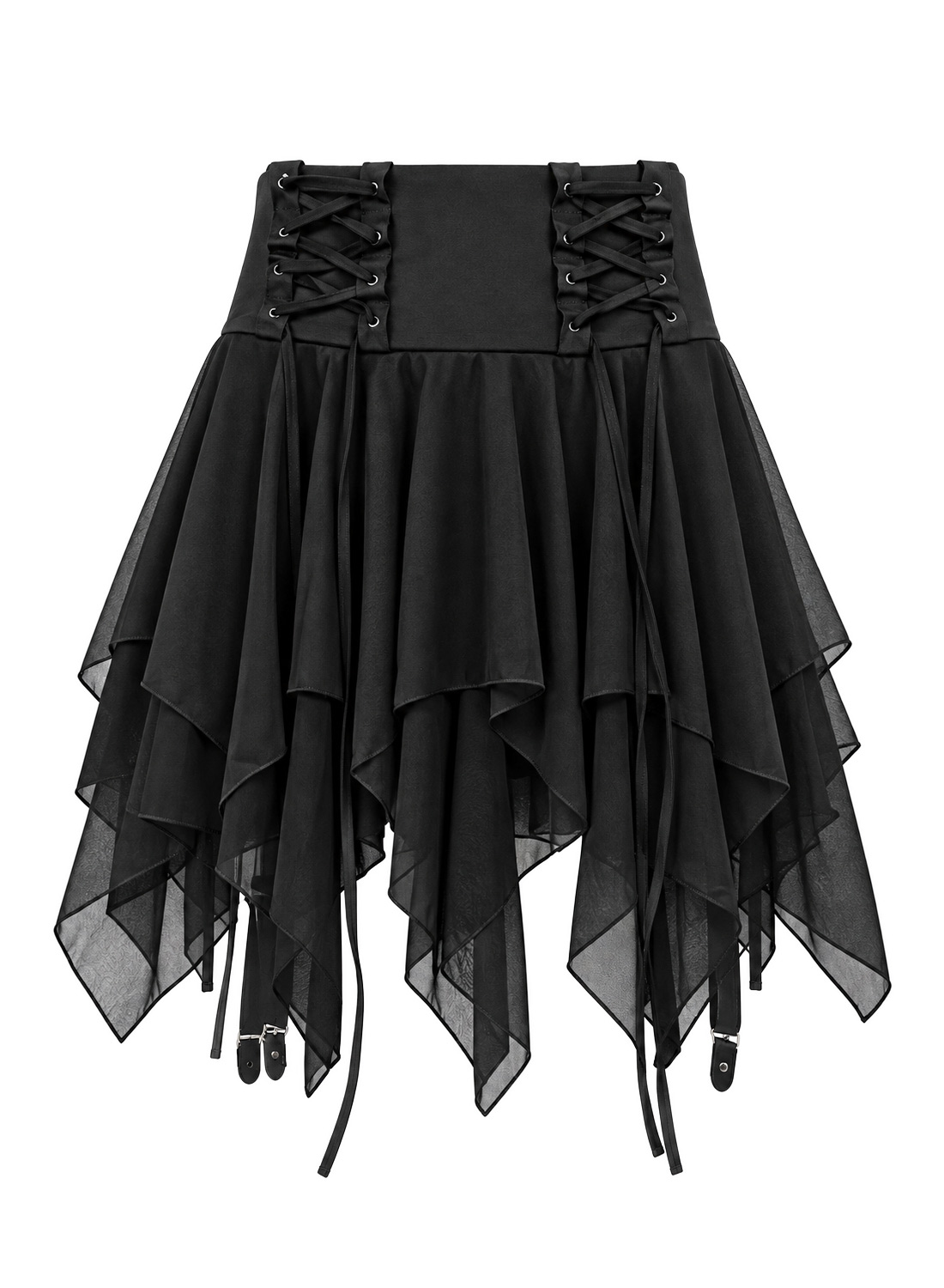 Dark Nymph Short. Black gothic asymmetric skirt with several layers of fabric, decorative ribbons and built-in hot pants.