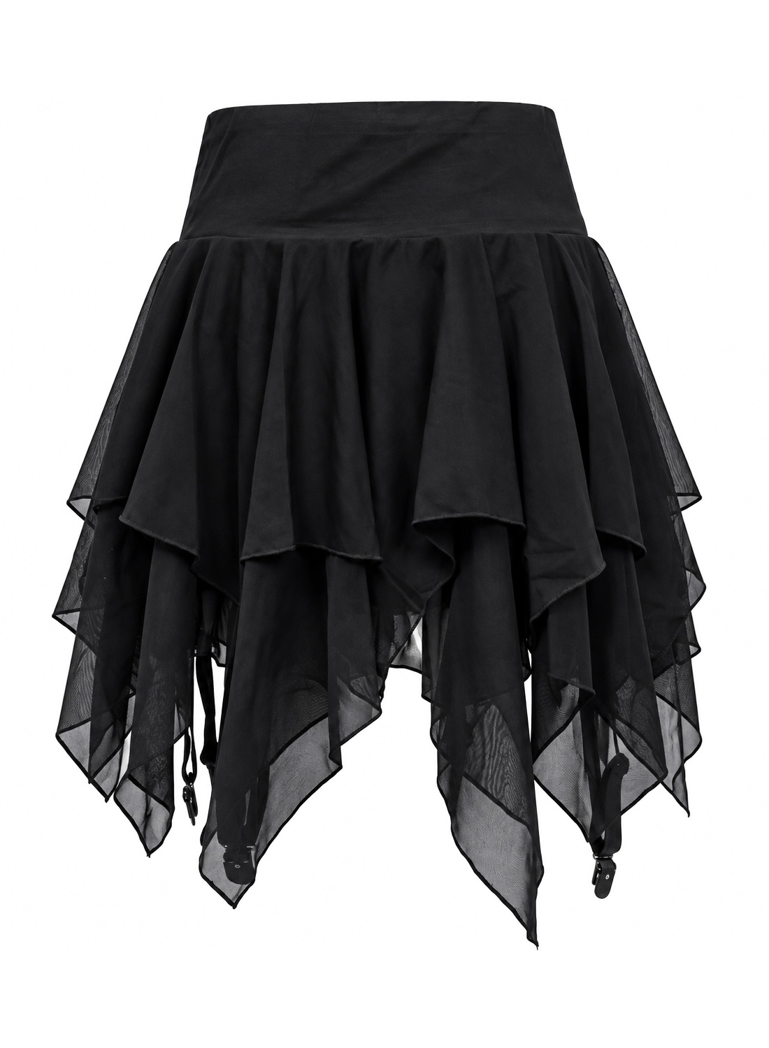 Dark Nymph Short. Black gothic asymmetric skirt with several layers of fabric, decorative ribbons and built-in hot pants.