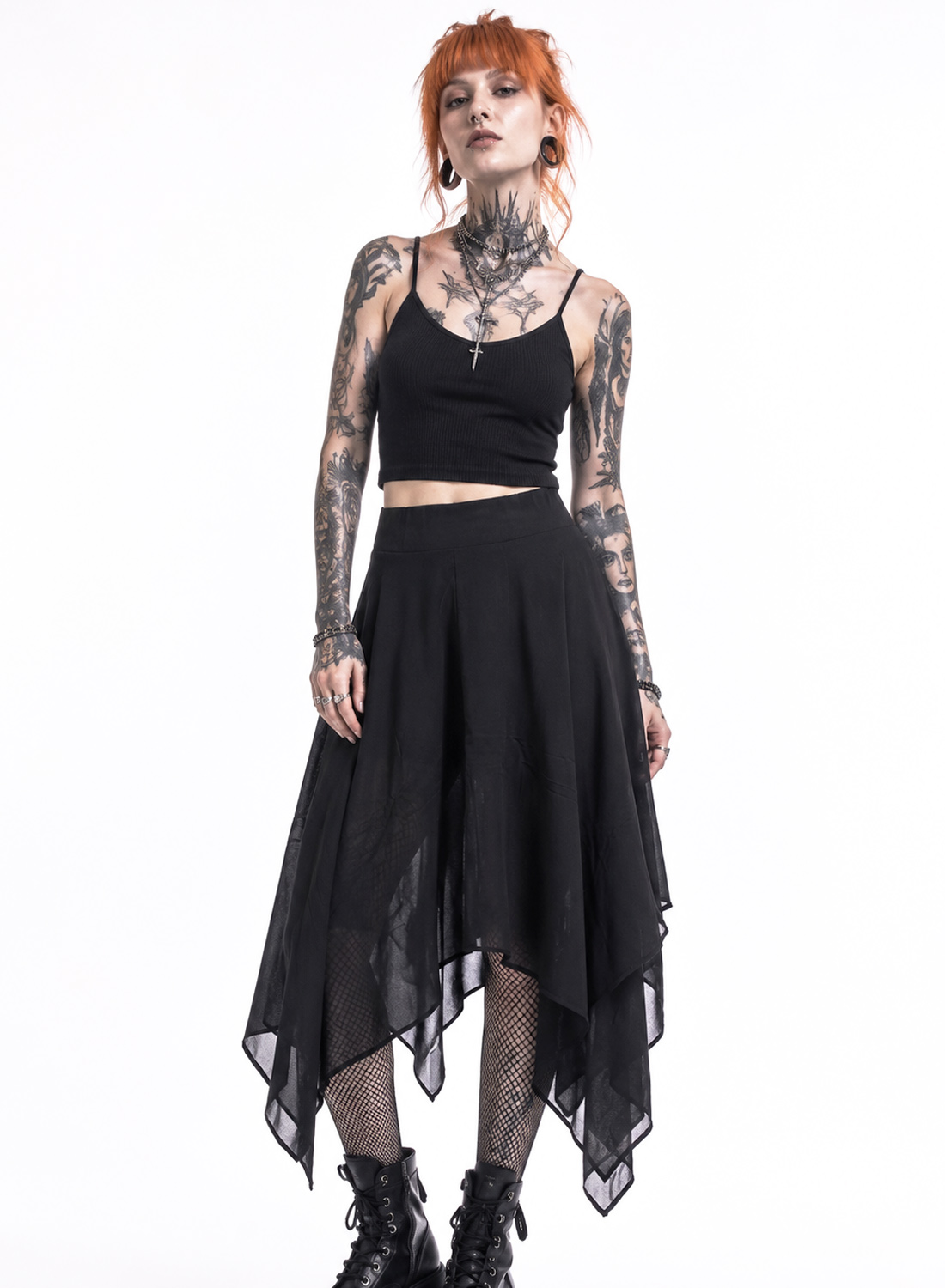 Midnight Shadow Skort – black asymmetric gothic skirt with wide elastic waist, sheer layers, pointed ends and built-in hot pants.