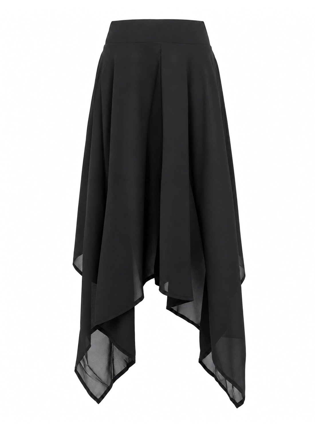Midnight Shadow Skort – black asymmetric gothic skirt with wide elastic waist, sheer layers, pointed ends and built-in hot pants.