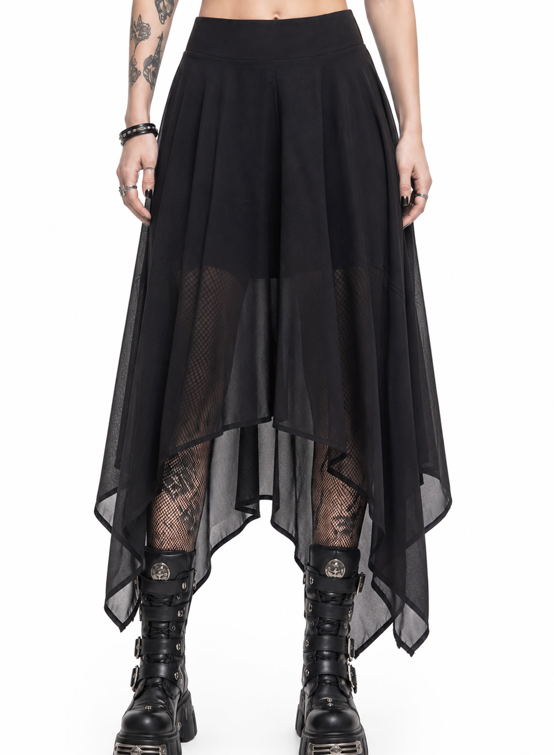 Midnight Shadow Skort – black asymmetric gothic skirt with wide elastic waist, sheer layers, pointed ends and built-in hot pants.