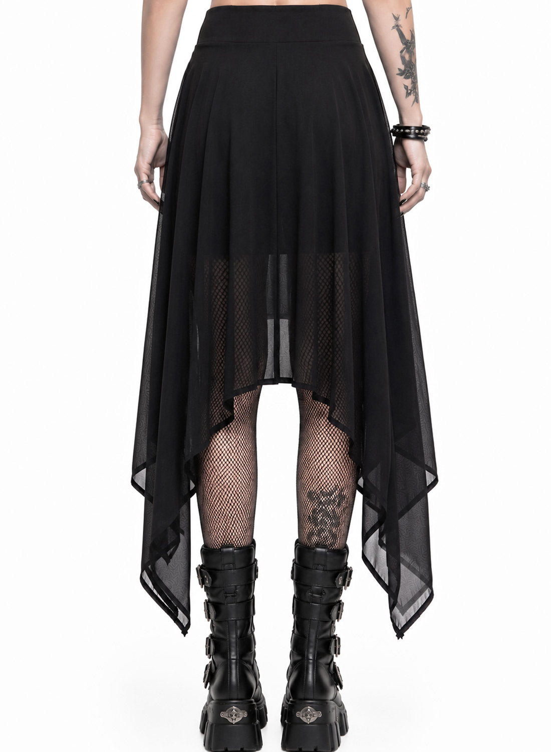 Midnight Shadow Skort – black asymmetric gothic skirt with wide elastic waist, sheer layers, pointed ends and built-in hot pants.