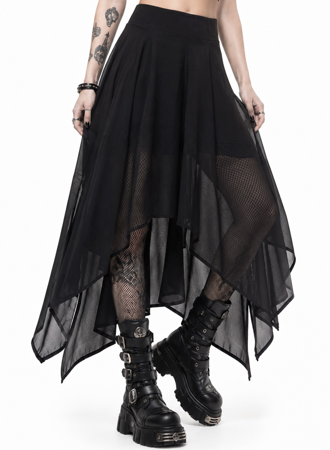 Midnight Shadow Skort – black asymmetric gothic skirt with wide elastic waist, sheer layers, pointed ends and built-in hot pants.
