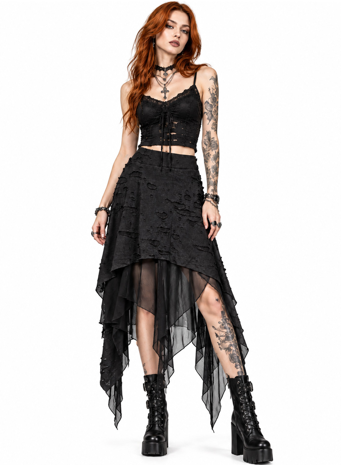 Apocalypse Chic Skirt, black gothic asymmetric skirt with structured distressed fabric, transparent mesh layers, pointed hems and elasticated waist.