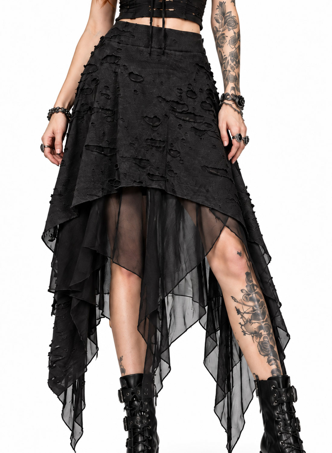 Apocalypse Chic Skirt, black gothic asymmetric skirt with structured distressed fabric, transparent mesh layers, pointed hems and elasticated waist.