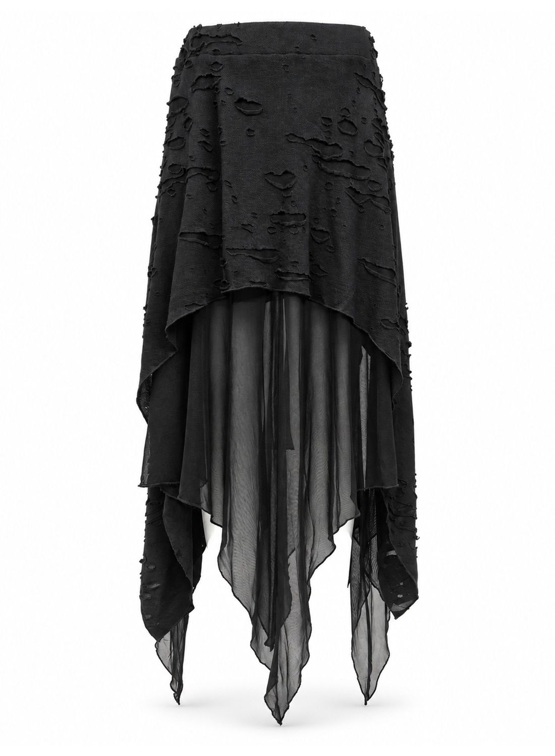 Apocalypse Chic Skirt, black gothic asymmetric skirt with structured distressed fabric, transparent mesh layers, pointed hems and elasticated waist.