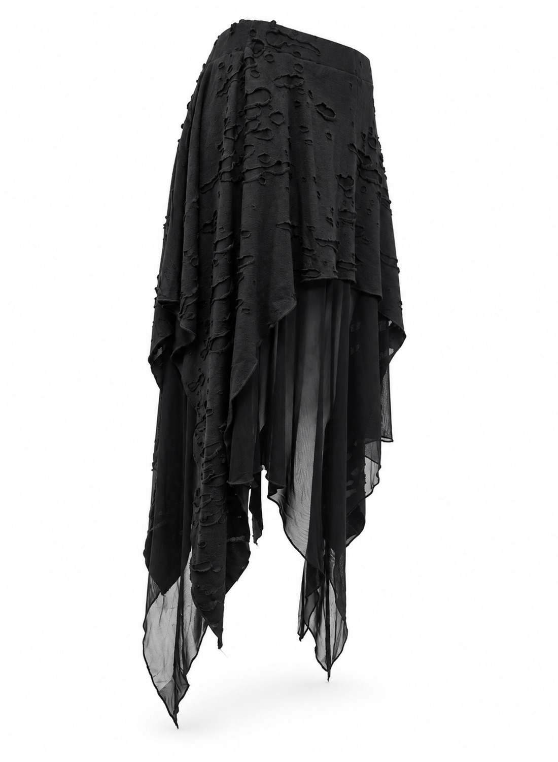Apocalypse Chic Skirt, black gothic asymmetric skirt with structured distressed fabric, transparent mesh layers, pointed hems and elasticated waist.