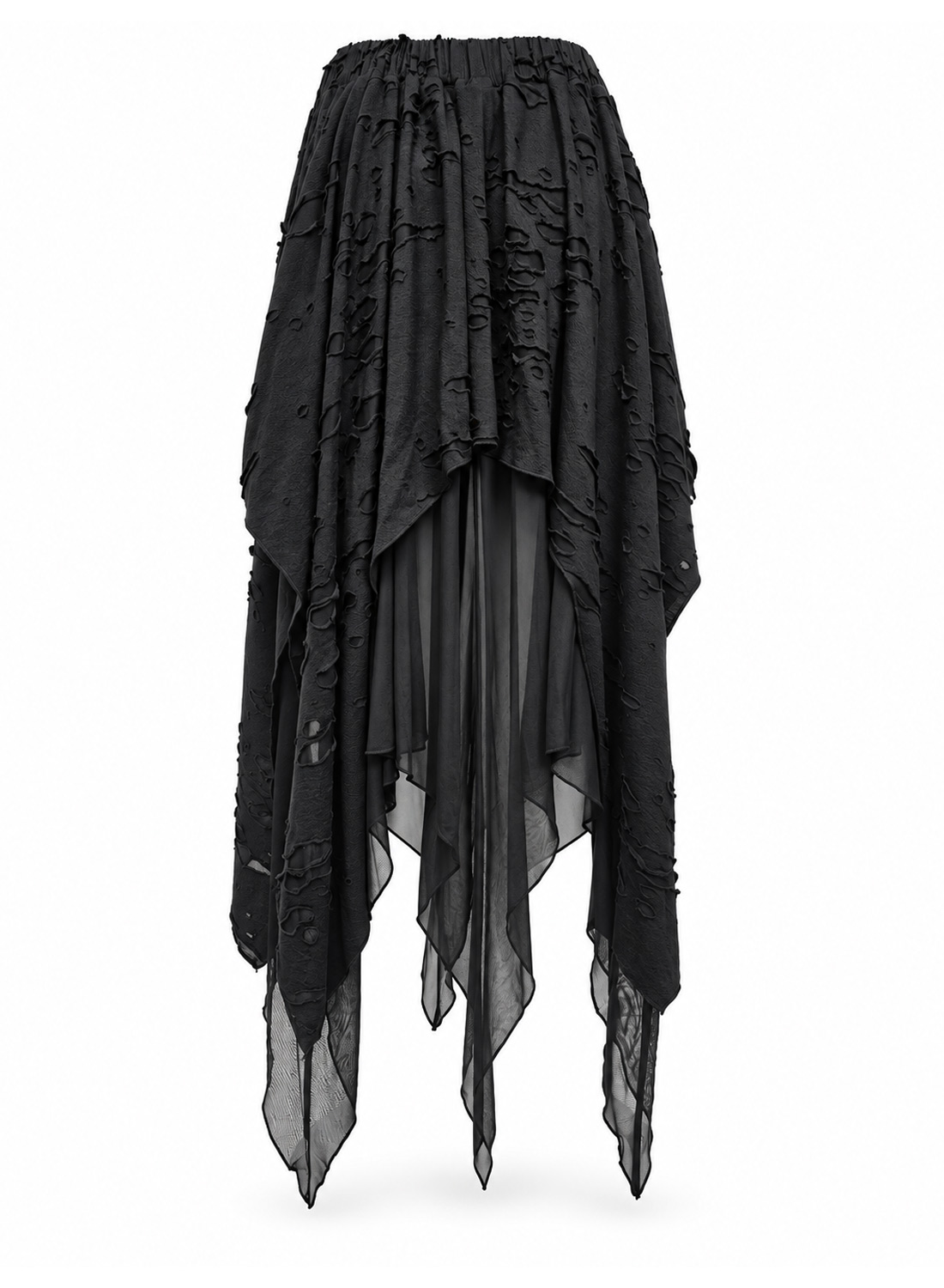 Apocalypse Chic Skirt, black gothic asymmetric skirt with structured distressed fabric, transparent mesh layers, pointed hems and elasticated waist.