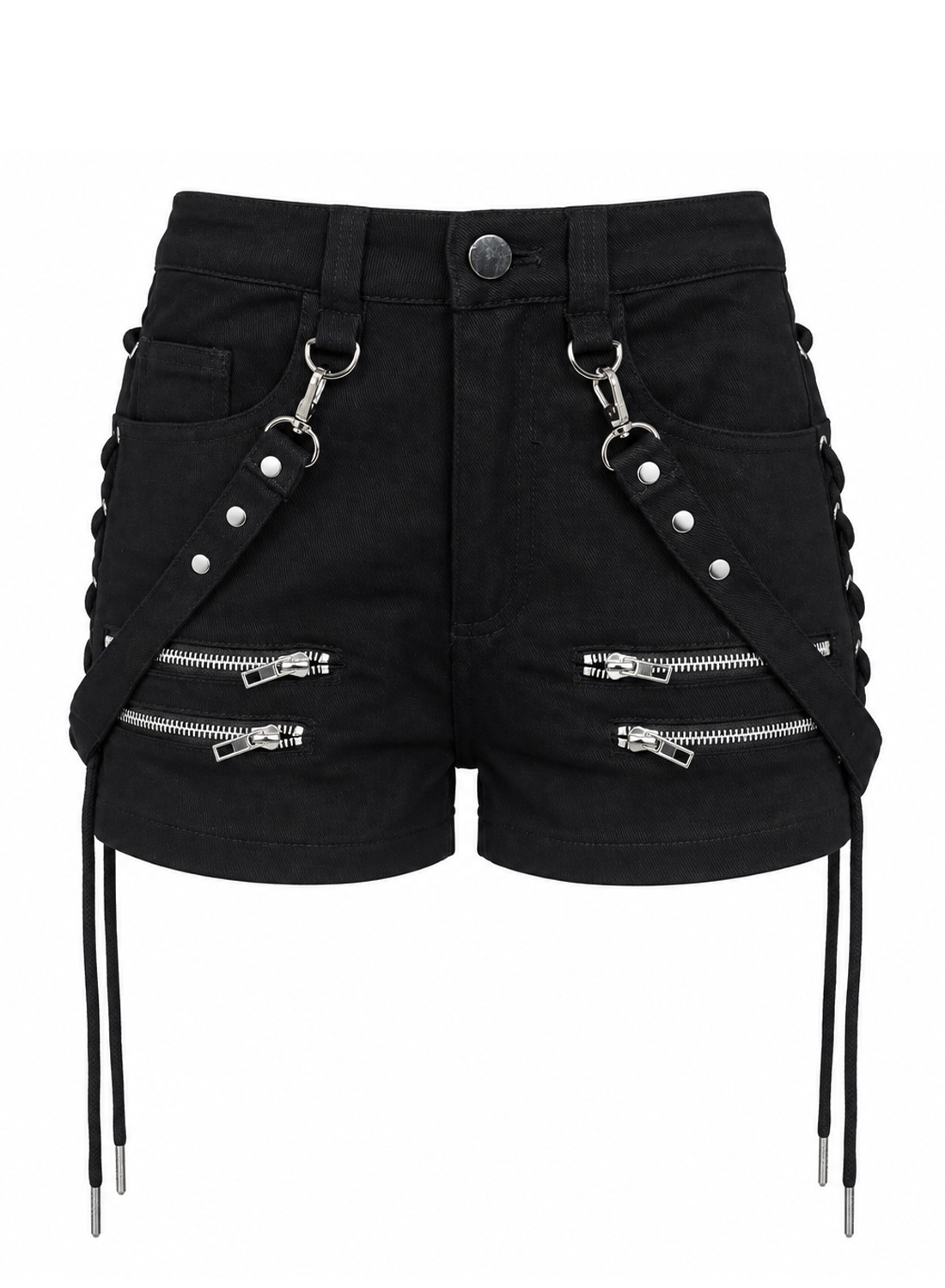 Black Bad Omens Shorts in stretch fabric with silver zippers, removable rivet straps and decorative lacing along the sides.