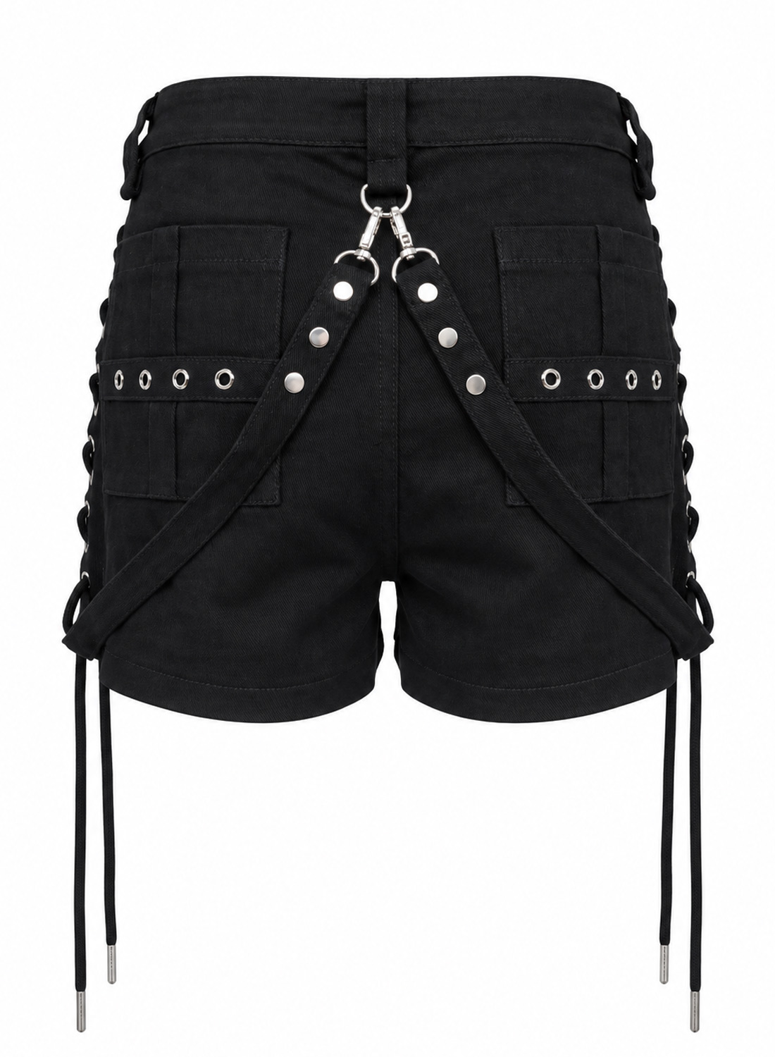 Black Bad Omens Shorts in stretch fabric with silver zippers, removable rivet straps and decorative lacing along the sides.