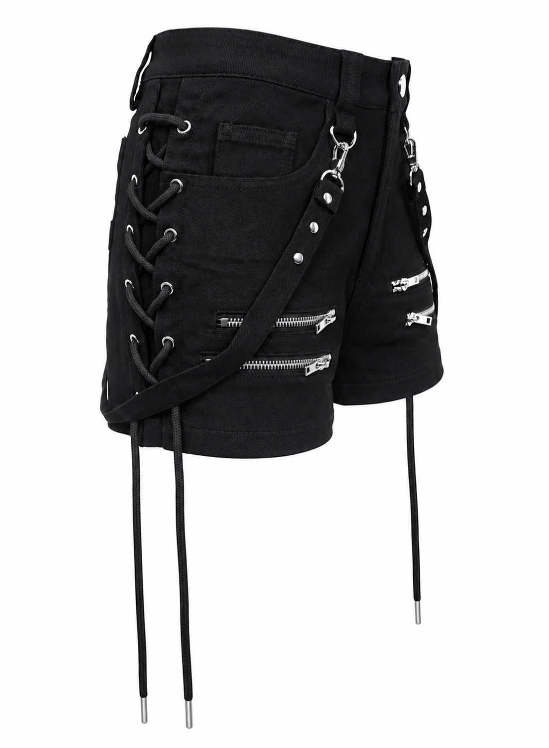 Black Bad Omens Shorts in stretch fabric with silver zippers, removable rivet straps and decorative lacing along the sides.