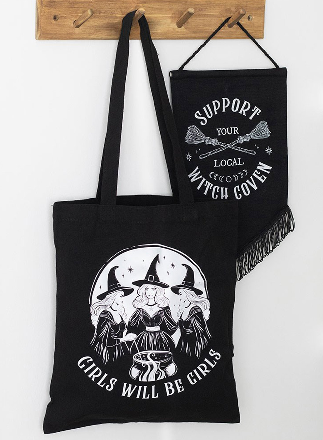 Girls Will Be Girls Tote Bag - black polyester tote bag with three witches, magic cauldron and white gothic print.
