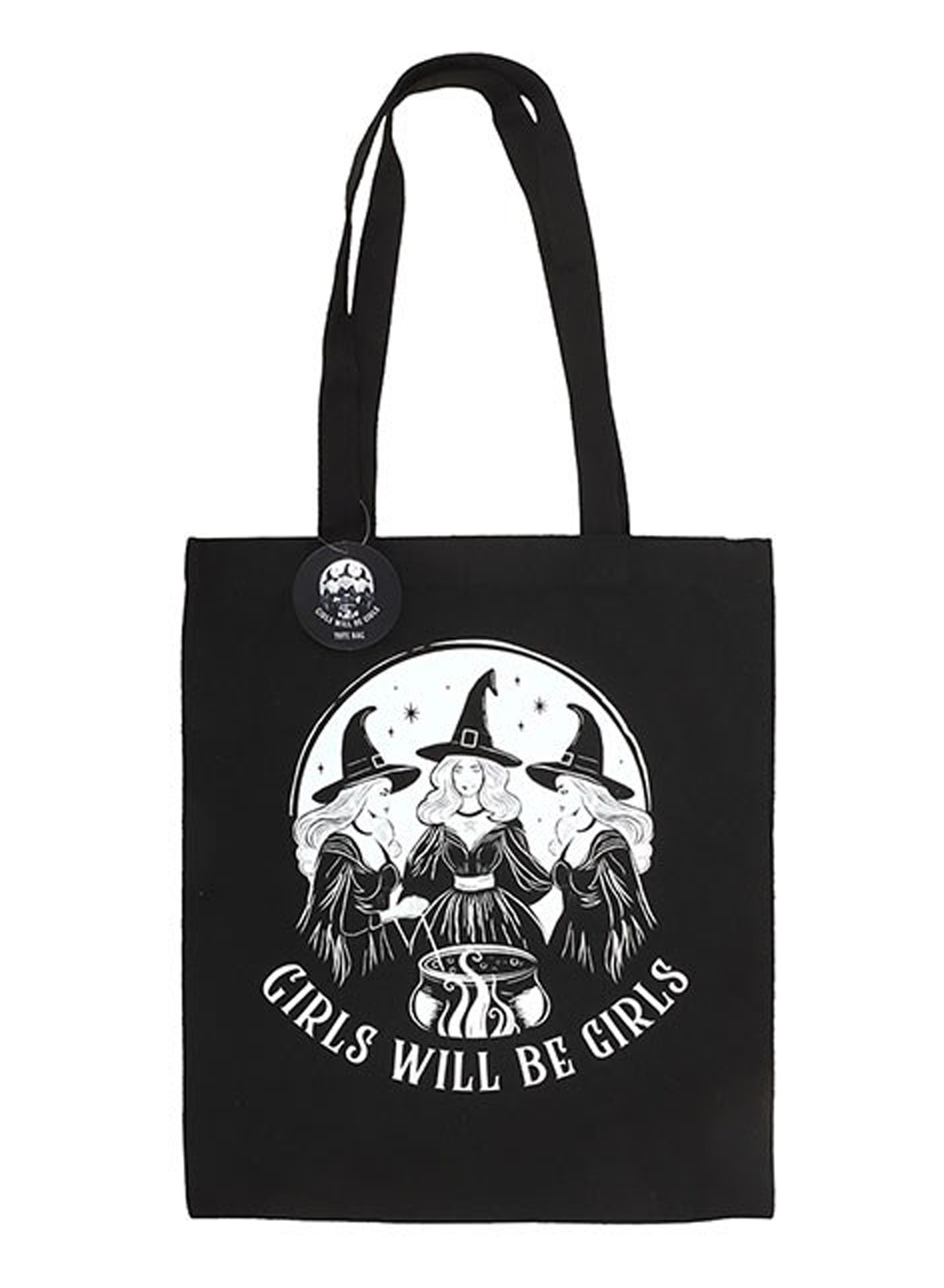 Girls Will Be Girls Tote Bag - black polyester tote bag with three witches, magic cauldron and white gothic print.