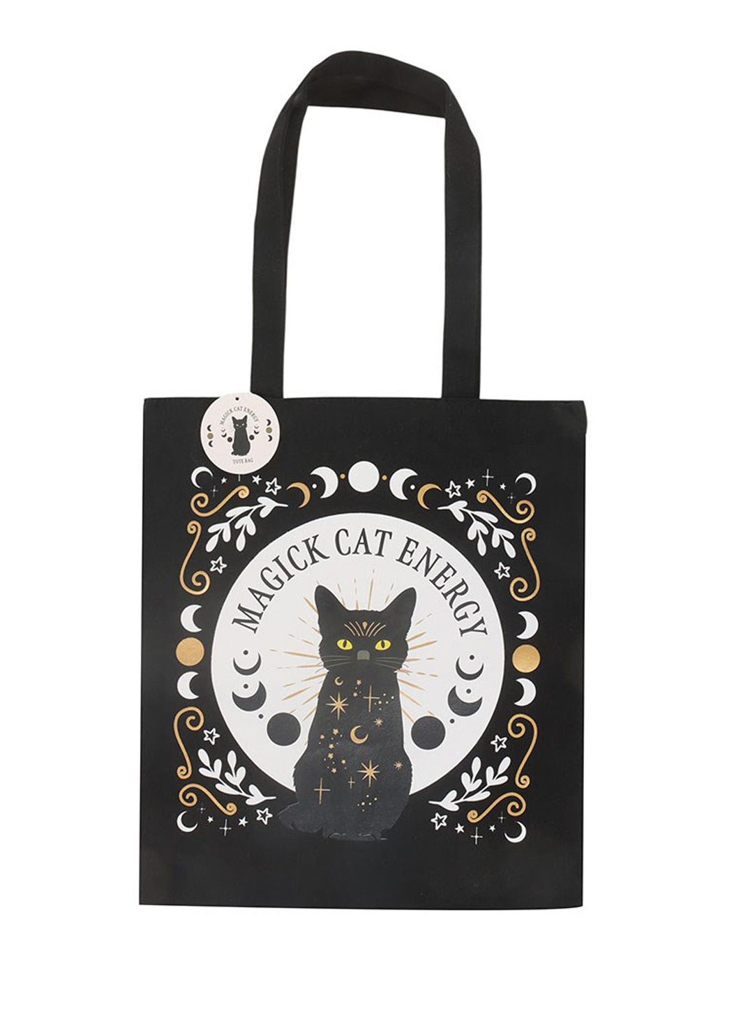 Black Magick Cat Energy Tote Bag - black fabric bag in polyester with cat motifs, yellow eyes, moon phases and stars. Dimensions 38.5 × 33.8 cm.